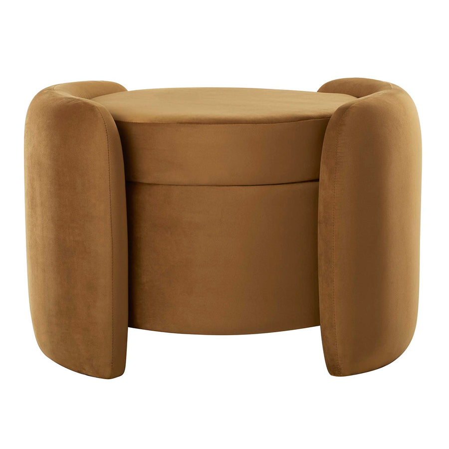 Brocade Upholstered Performance Velvet Ottoman in Cognac