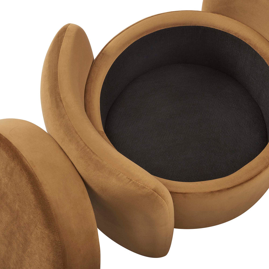 Brocade Upholstered Performance Velvet Ottoman in Cognac