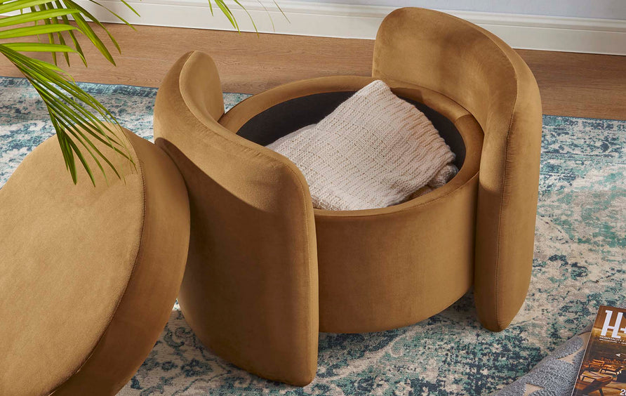 Brocade Upholstered Performance Velvet Ottoman in Cognac