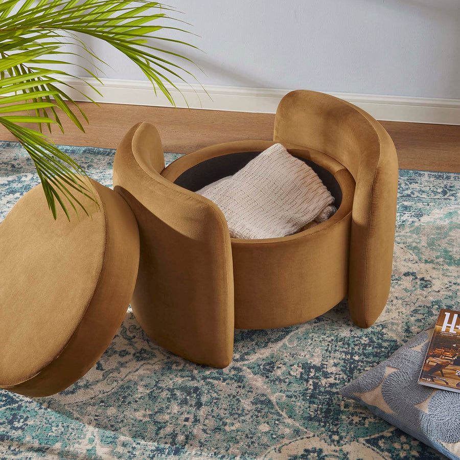 Brocade Upholstered Performance Velvet Ottoman in Cognac