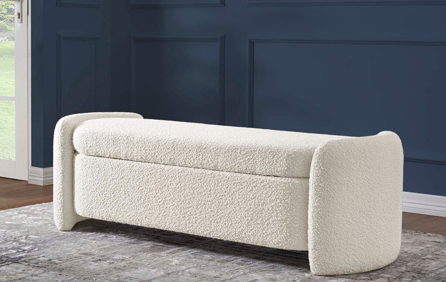 Brocade Boucle Upholstered Bench in Ivory