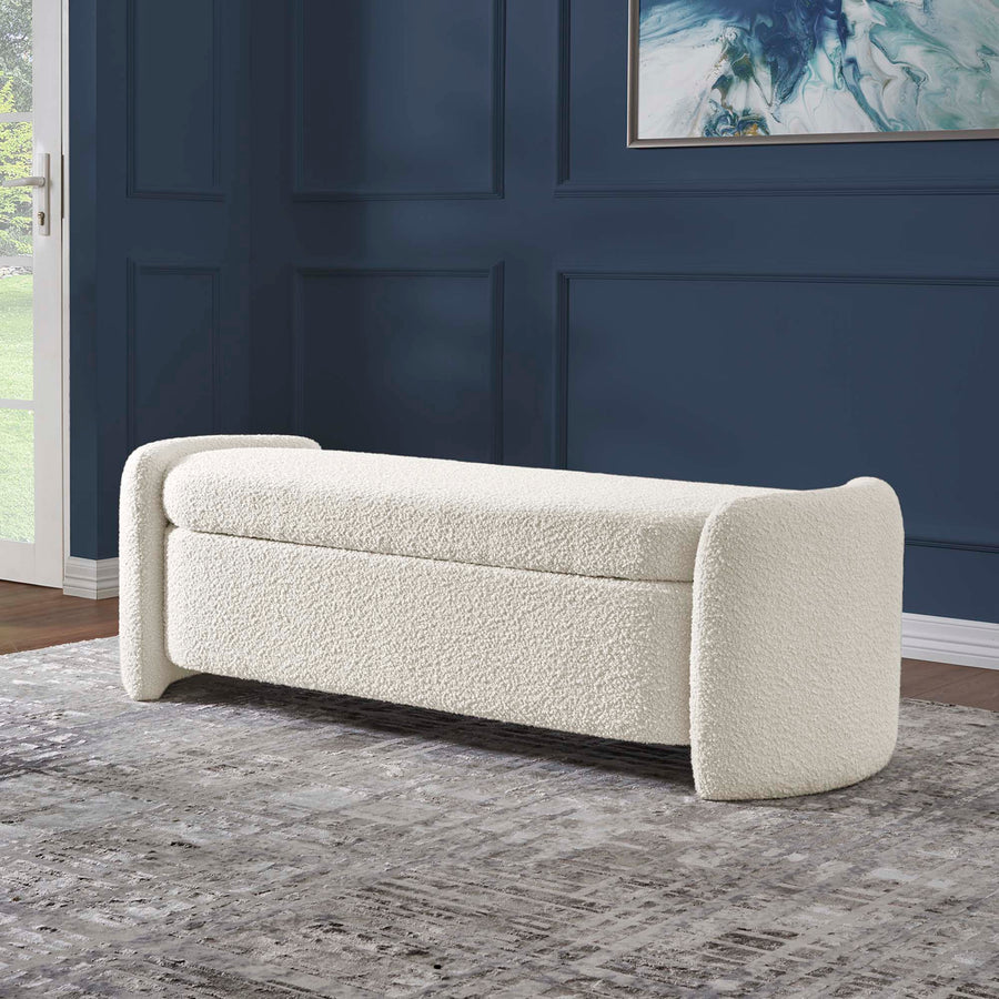 Brocade Boucle Upholstered Bench in Ivory