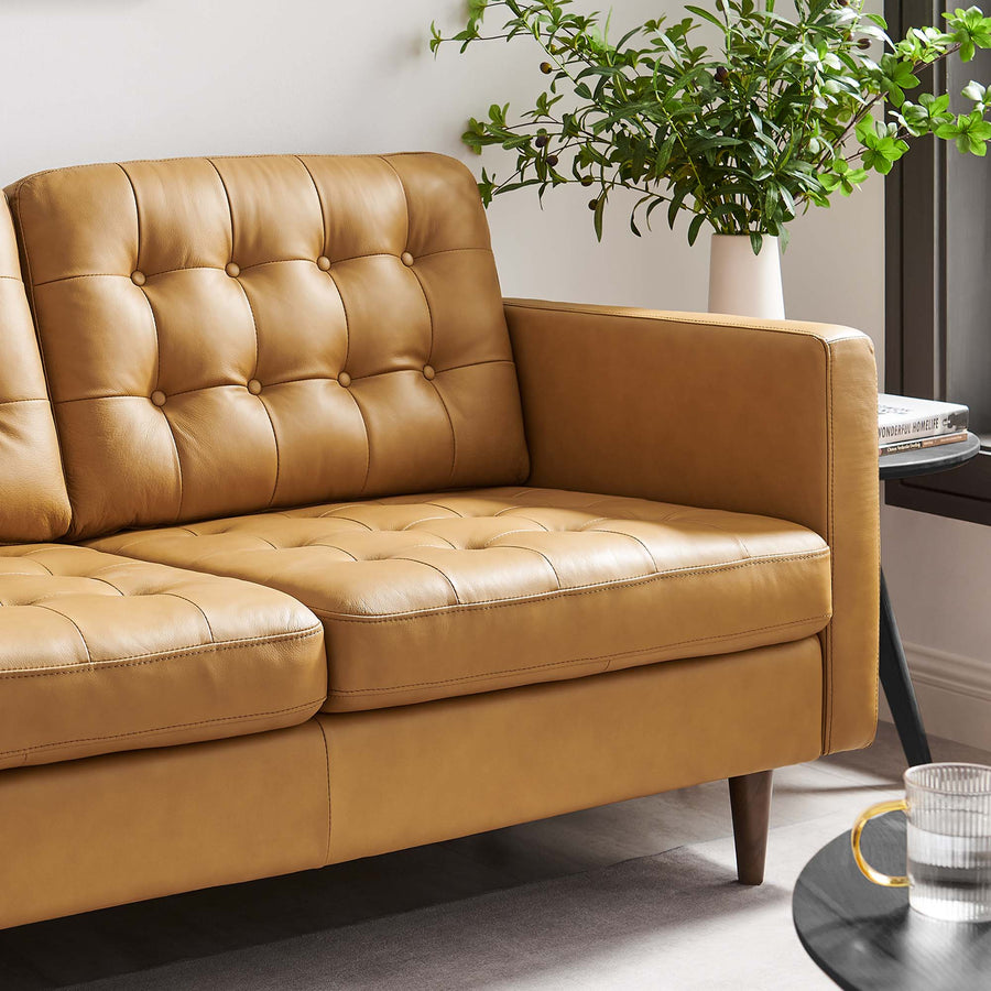Nerissa Tufted Leather Loveseat in Tan