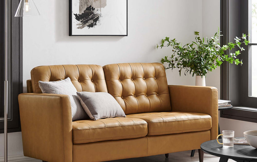 Nerissa Tufted Leather Loveseat in Tan
