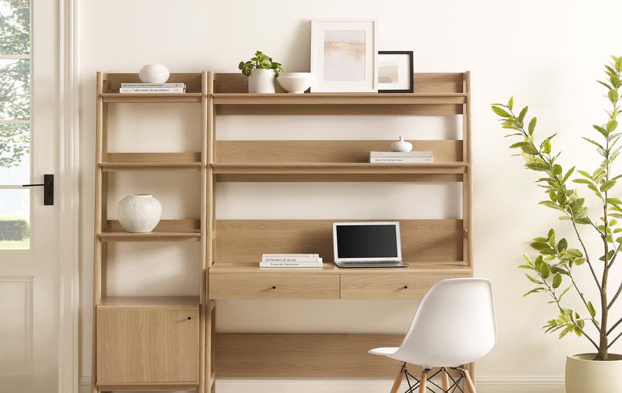 Finch 2-Piece Wood Office Desk and Bookshelf in Oak