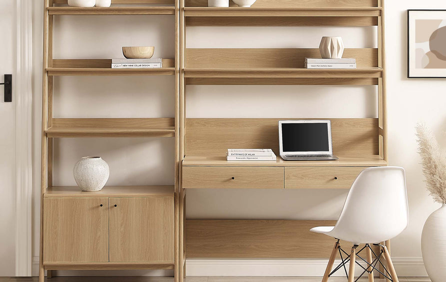 Finch 2-Piece Wood Office Desk and Bookshelf in Oak