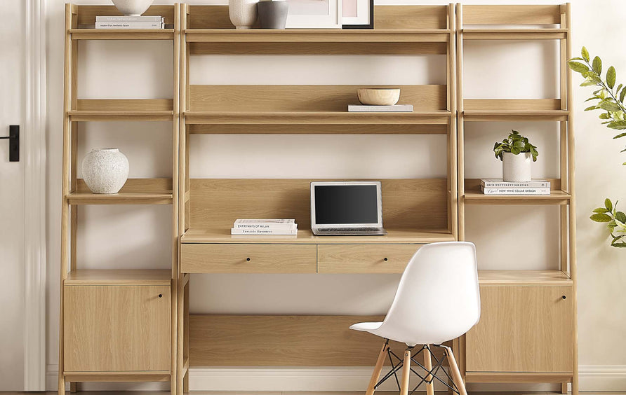 Finch 3-Piece Wood Office Desk and Bookshelf in Oak