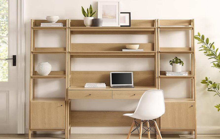 Finch 3-Piece Wood Office Desk and Bookshelf in Oak