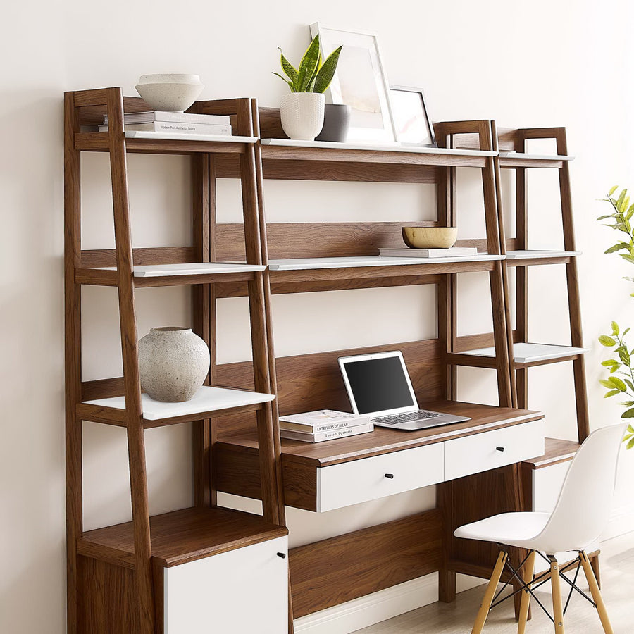 Finch 3-Piece Wood Office Desk and Bookshelf in Walnut White