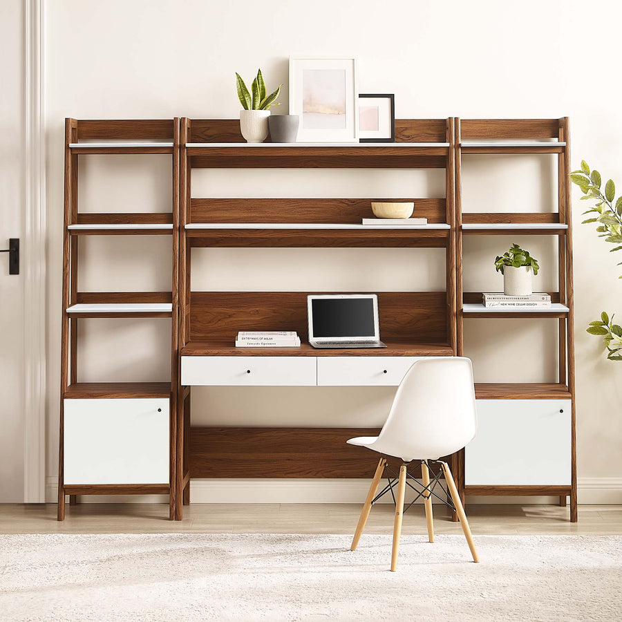 Finch 3-Piece Wood Office Desk and Bookshelf in Walnut White