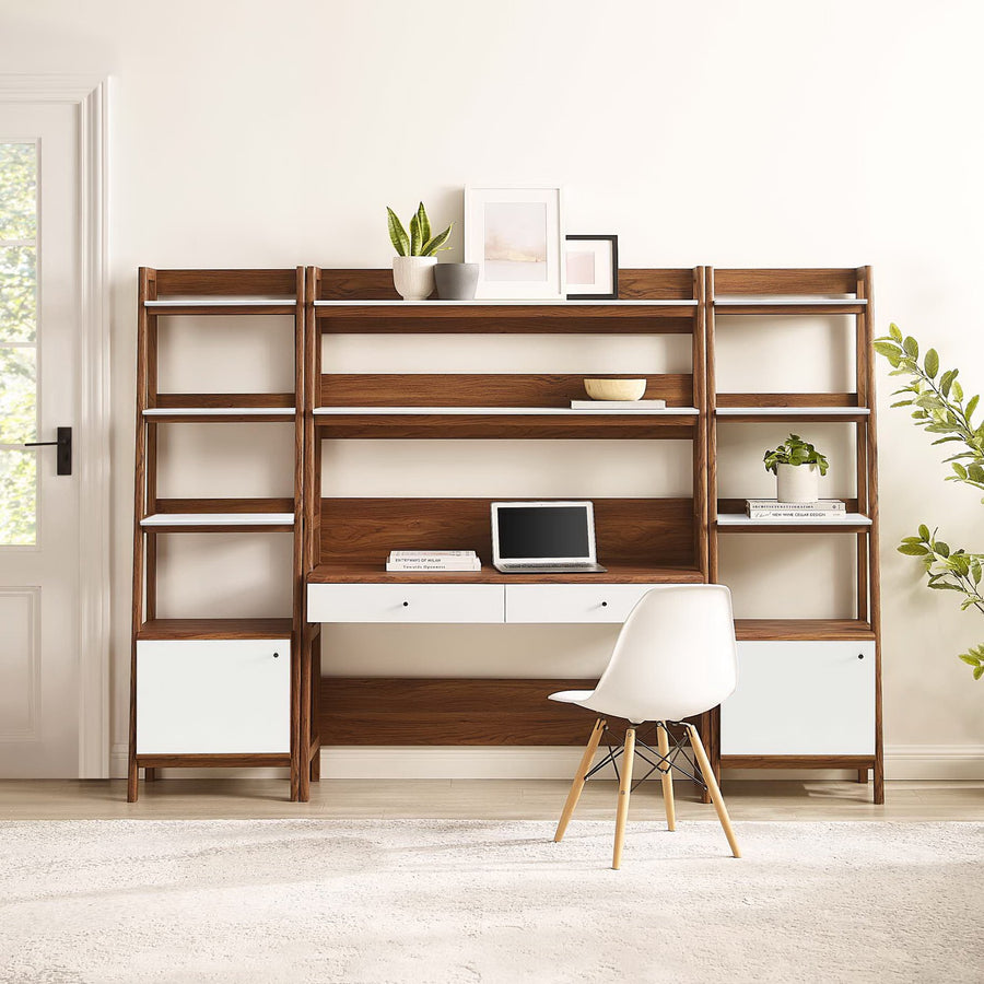 Finch 3-Piece Wood Office Desk and Bookshelf in Walnut White