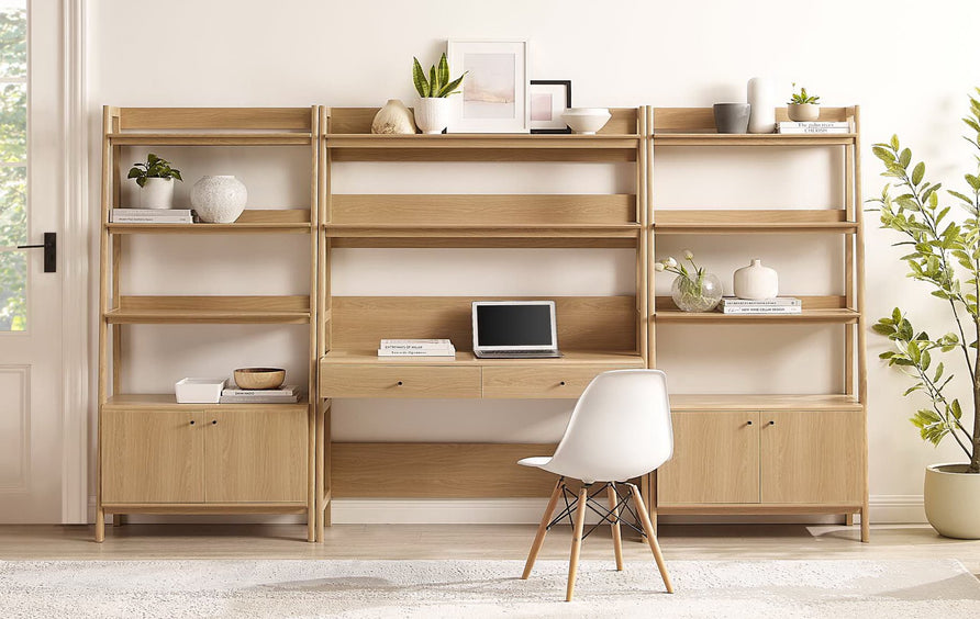 Finch 3-Piece Wood Office Desk and Bookshelf in Oak
