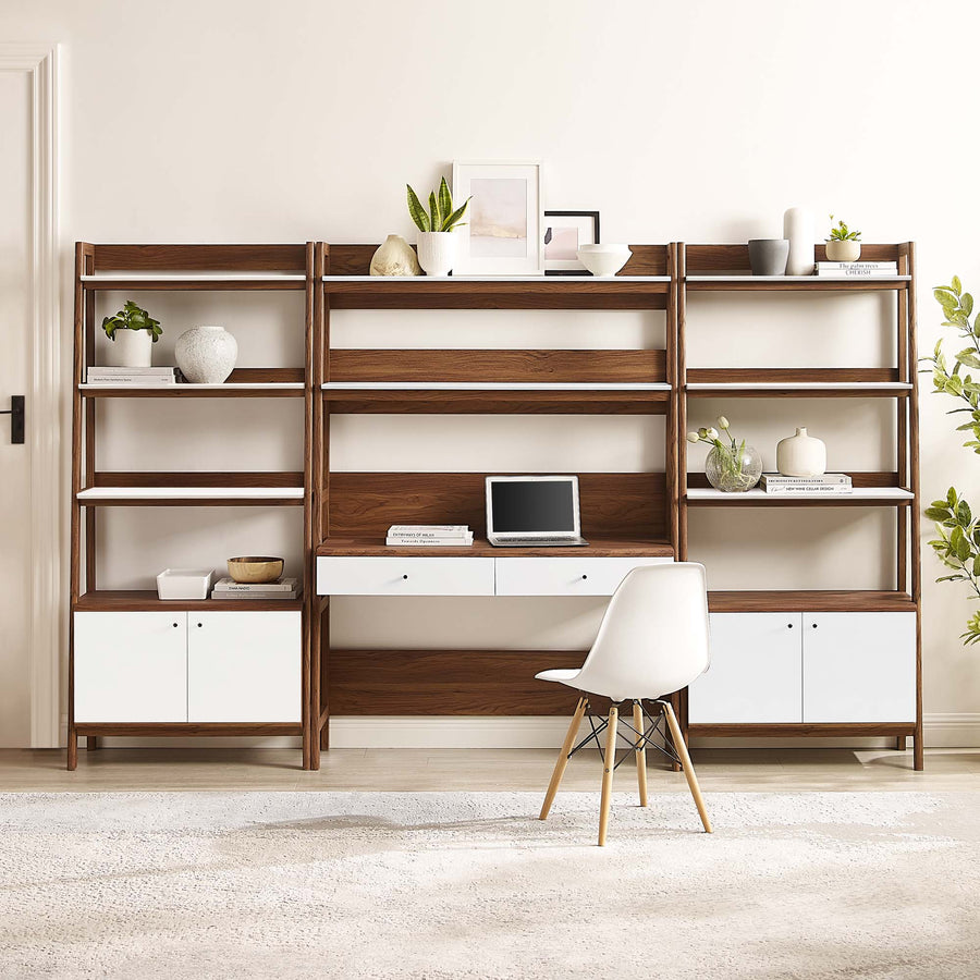Finch 3-Piece Wood Office Desk and Bookshelf in Walnut White