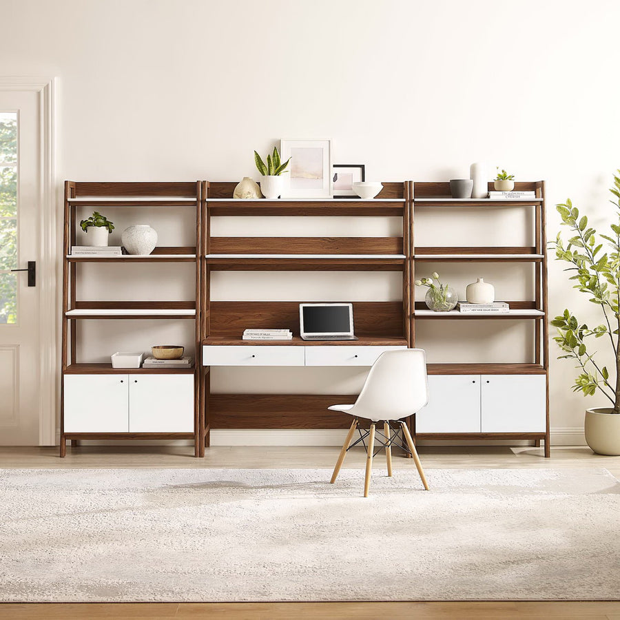 Finch 3-Piece Wood Office Desk and Bookshelf in Walnut White