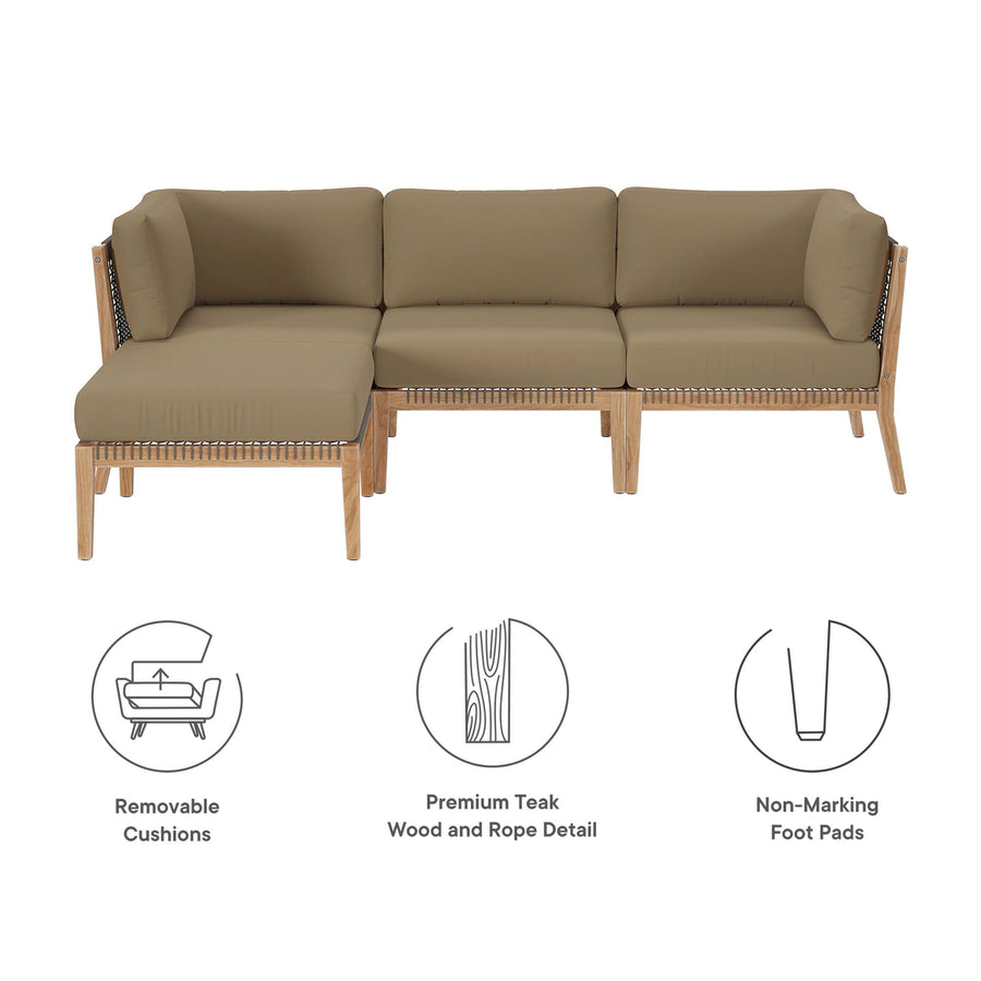 Vesper 4-Piece Outdoor Patio Teak Wood Sectional Sofa in Gray Light Brown
