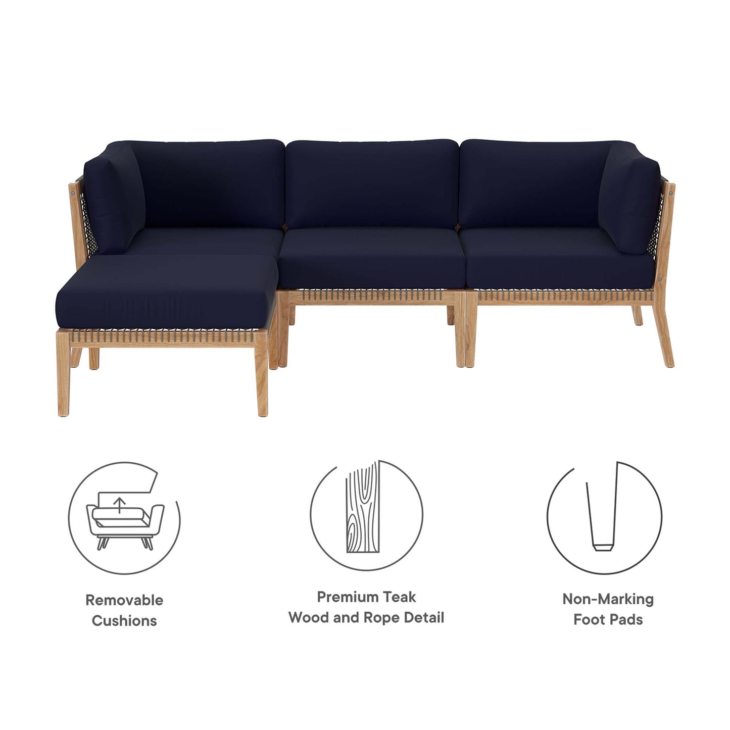 Clearwater 4-Piece Outdoor Patio Teak Wood Sectional Sofa by Furniture For America