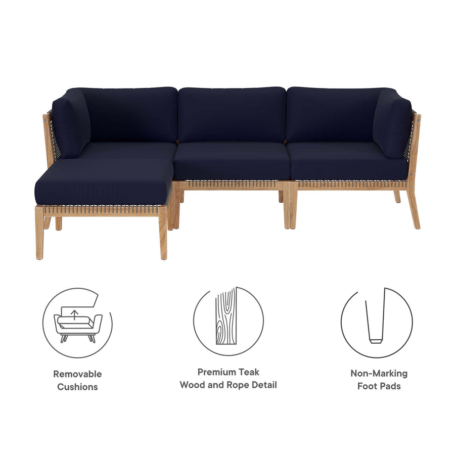 Vesper 4-Piece Outdoor Patio Teak Wood Sectional Sofa in Gray Navy