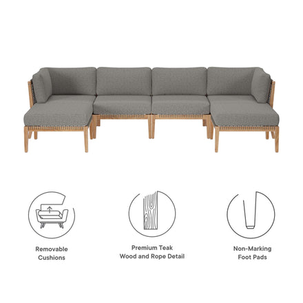 Clearwater 6-Piece Outdoor Patio Teak Wood Sectional Sofa in Gray Graphite