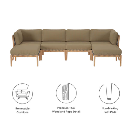 Clearwater 6-Piece Outdoor Patio Teak Wood Sectional Sofa in Gray Light Brown