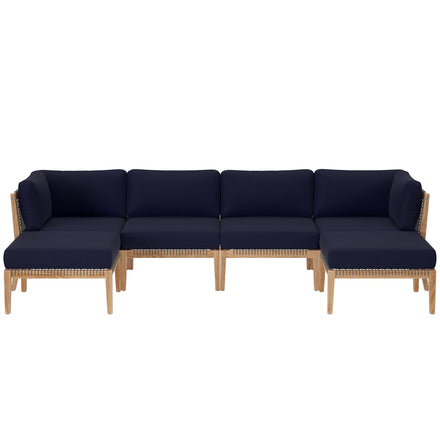 Clearwater 6-Piece Outdoor Patio Teak Wood Sectional Sofa in Gray Navy