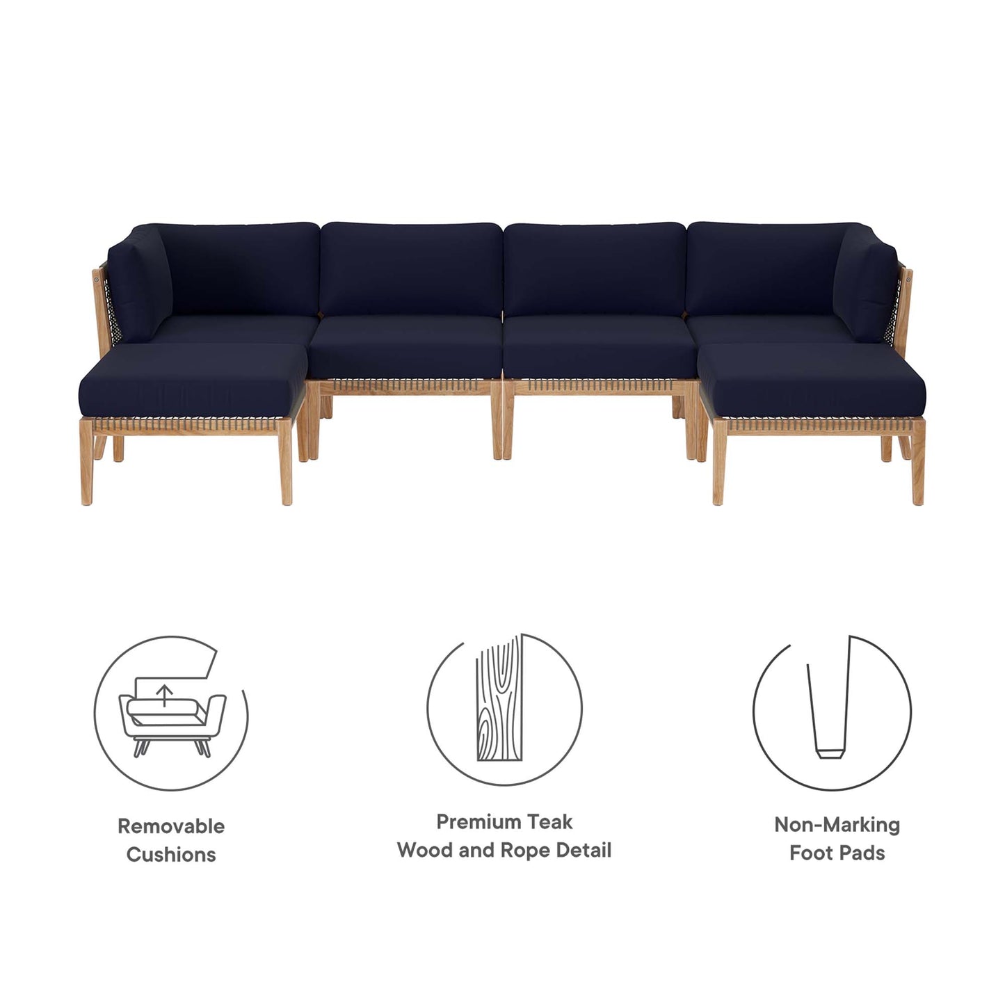 Clearwater 6-Piece Outdoor Patio Teak Wood Sectional Sofa by Furniture For America