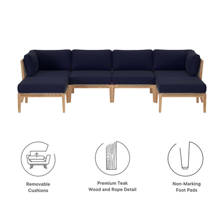 Clearwater 6-Piece Outdoor Patio Teak Wood Sectional Sofa in Gray Navy