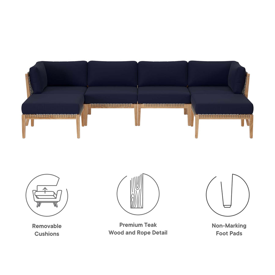 Vesper 6-Piece Outdoor Patio Teak Wood Sectional Sofa in Gray Navy