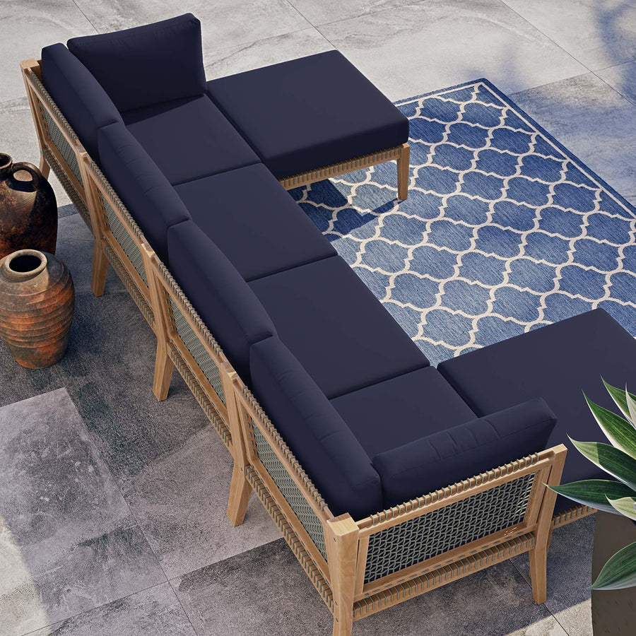 Vesper 6-Piece Outdoor Patio Teak Wood Sectional Sofa in Gray Navy