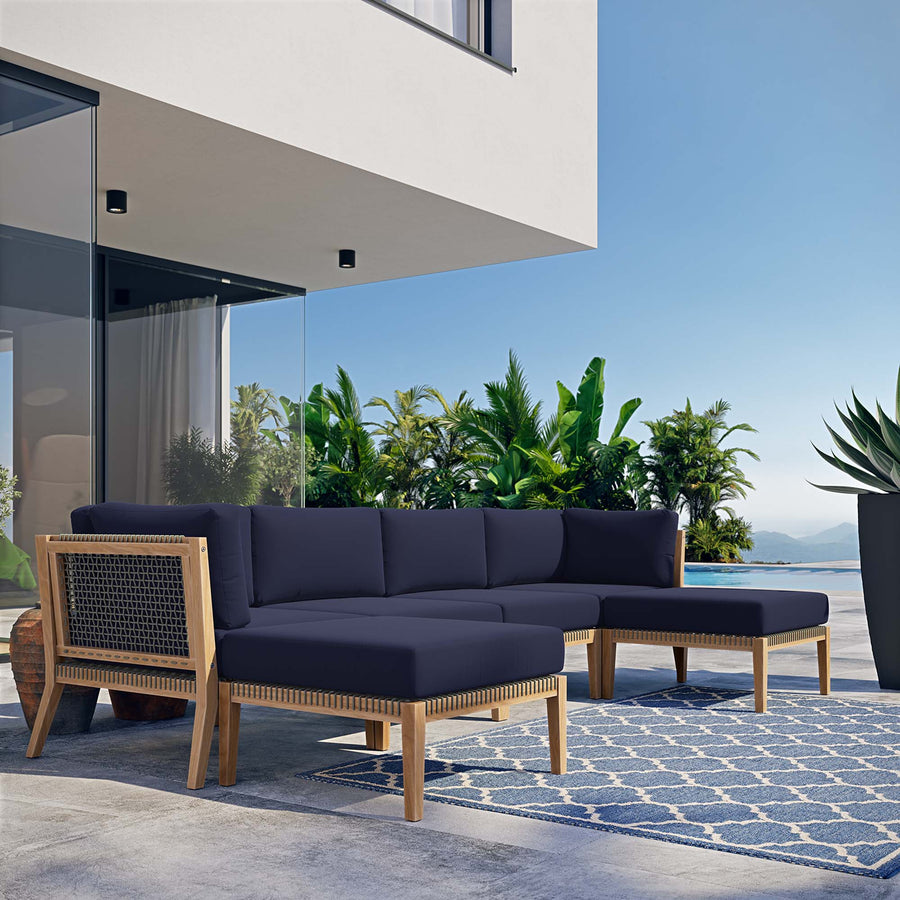 Vesper 6-Piece Outdoor Patio Teak Wood Sectional Sofa in Gray Navy