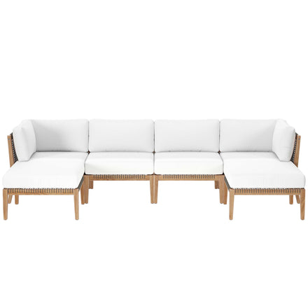 Clearwater 6-Piece Outdoor Patio Teak Wood Sectional Sofa in Gray White