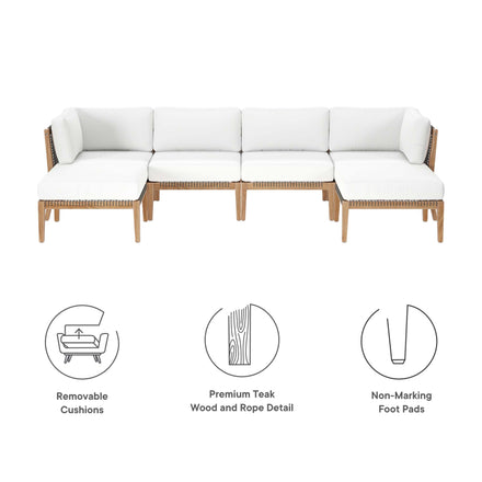 Clearwater 6-Piece Outdoor Patio Teak Wood Sectional Sofa in Gray White