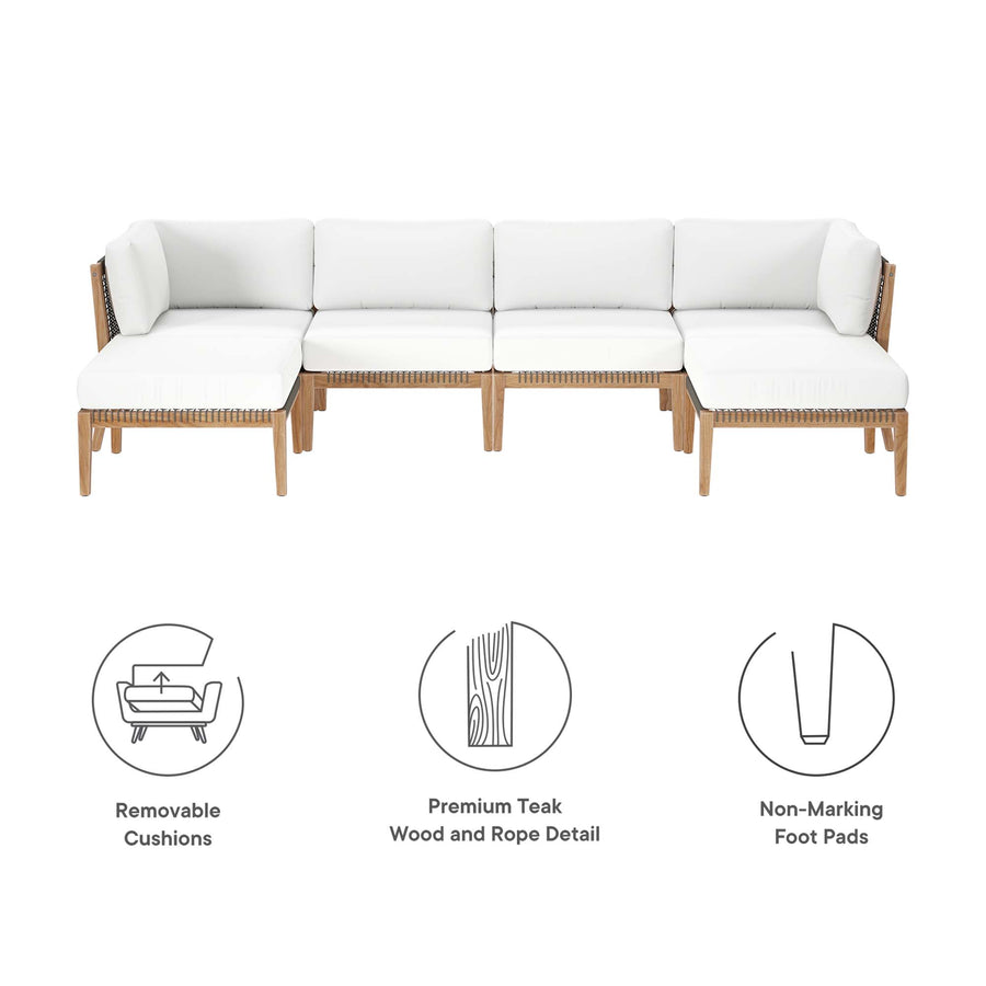 Vesper 6-Piece Outdoor Patio Teak Wood Sectional Sofa in Gray White