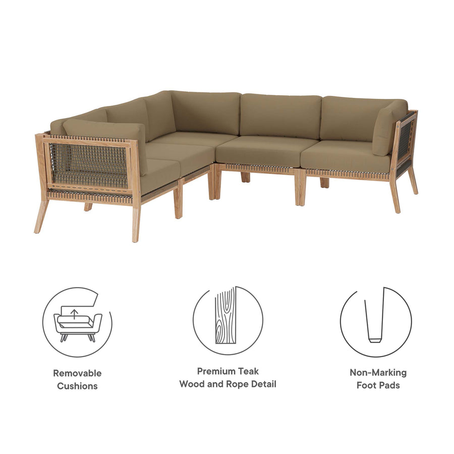 Vesper 5-Piece Outdoor Patio Teak Wood Sectional Sofa in Gray Light Brown