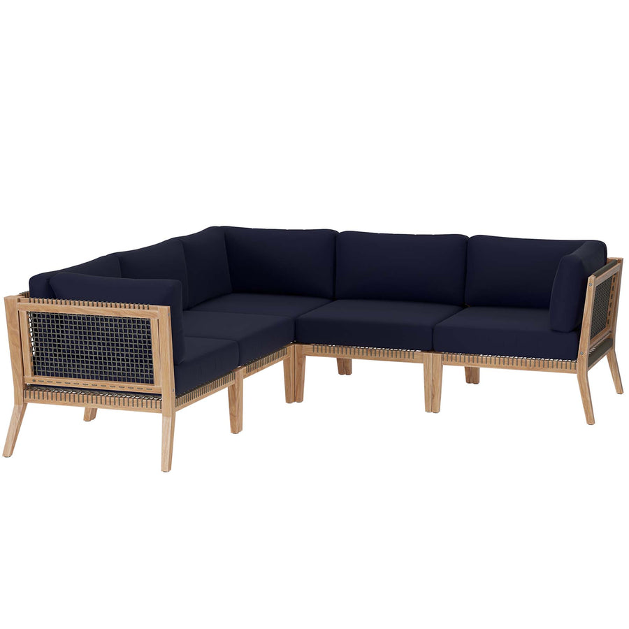 Vesper 5-Piece Outdoor Patio Teak Wood Sectional Sofa in Gray Navy