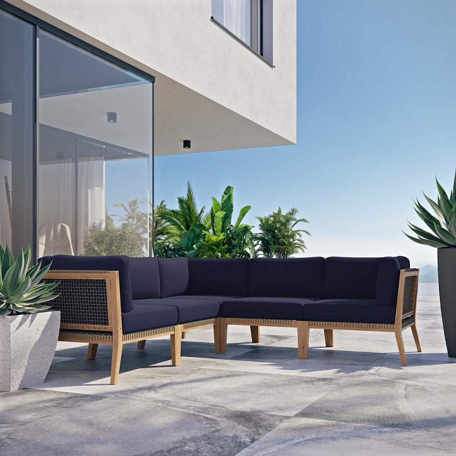 Vesper 5-Piece Outdoor Patio Teak Wood Sectional Sofa in Gray Navy