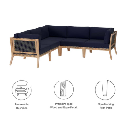 Clearwater 5-Piece Outdoor Patio Teak Wood Sectional Sofa in Gray Navy