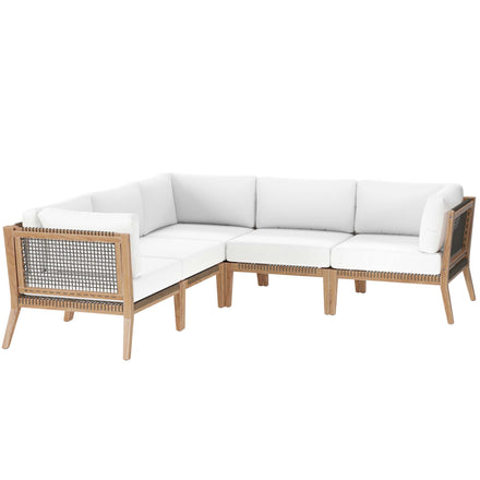 Clearwater 5-Piece Outdoor Patio Teak Wood Sectional Sofa in Gray White
