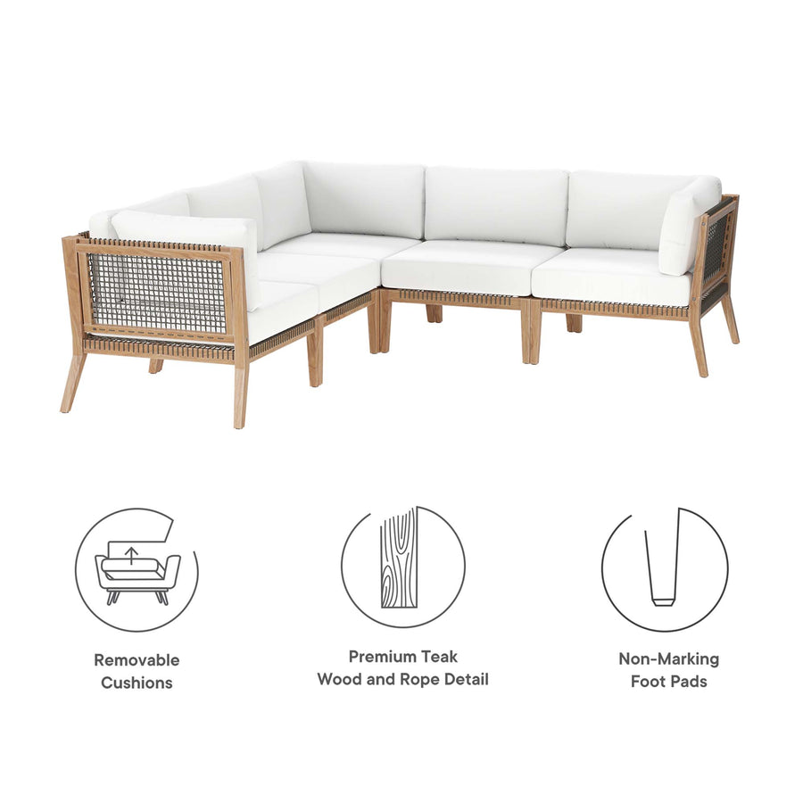 Vesper 5-Piece Outdoor Patio Teak Wood Sectional Sofa in Gray White