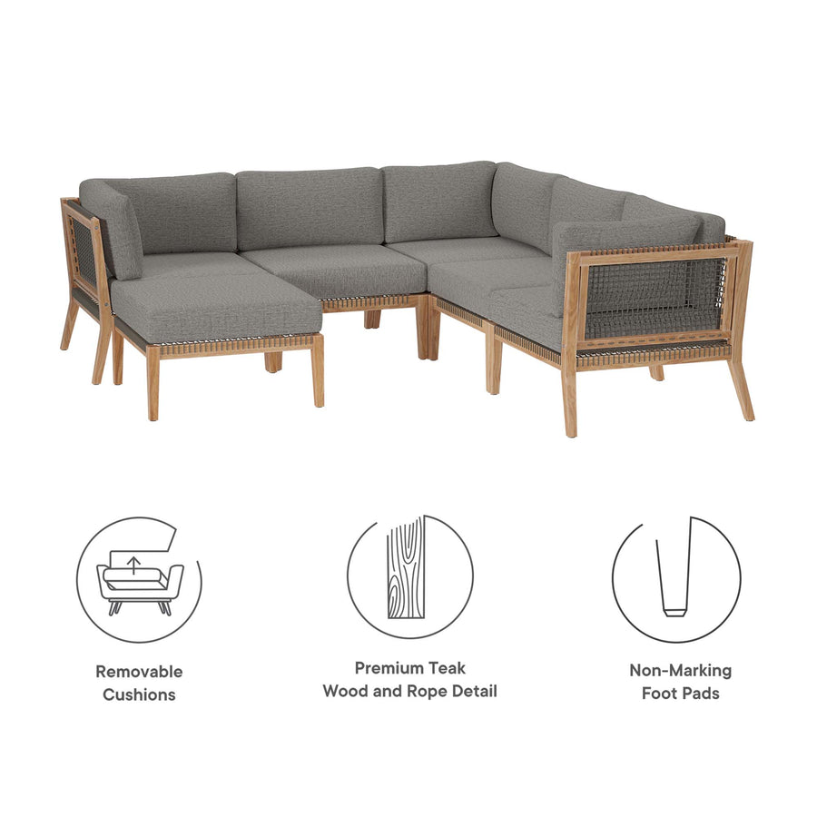 Vesper 6-Piece Outdoor Patio Teak Wood Sectional Sofa in Gray Graphite