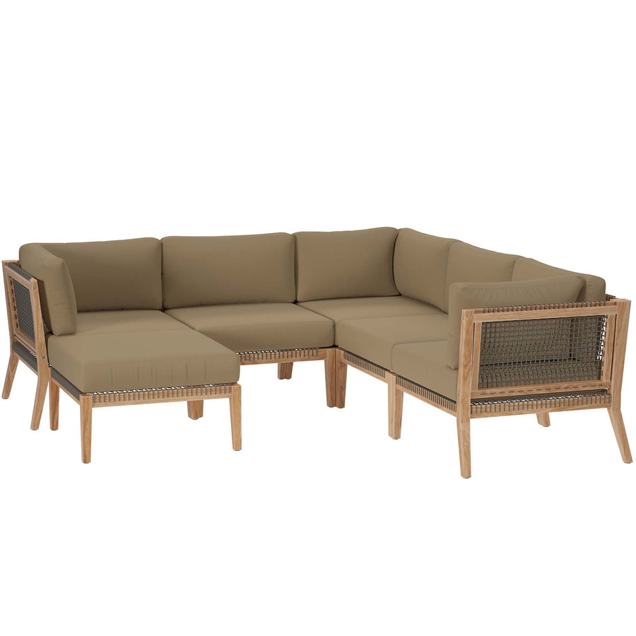 Vesper 6-Piece Outdoor Patio Teak Wood Sectional Sofa in Gray Light Brown