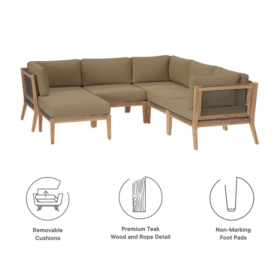 Vesper 6-Piece Outdoor Patio Teak Wood Sectional Sofa in Gray Light Brown