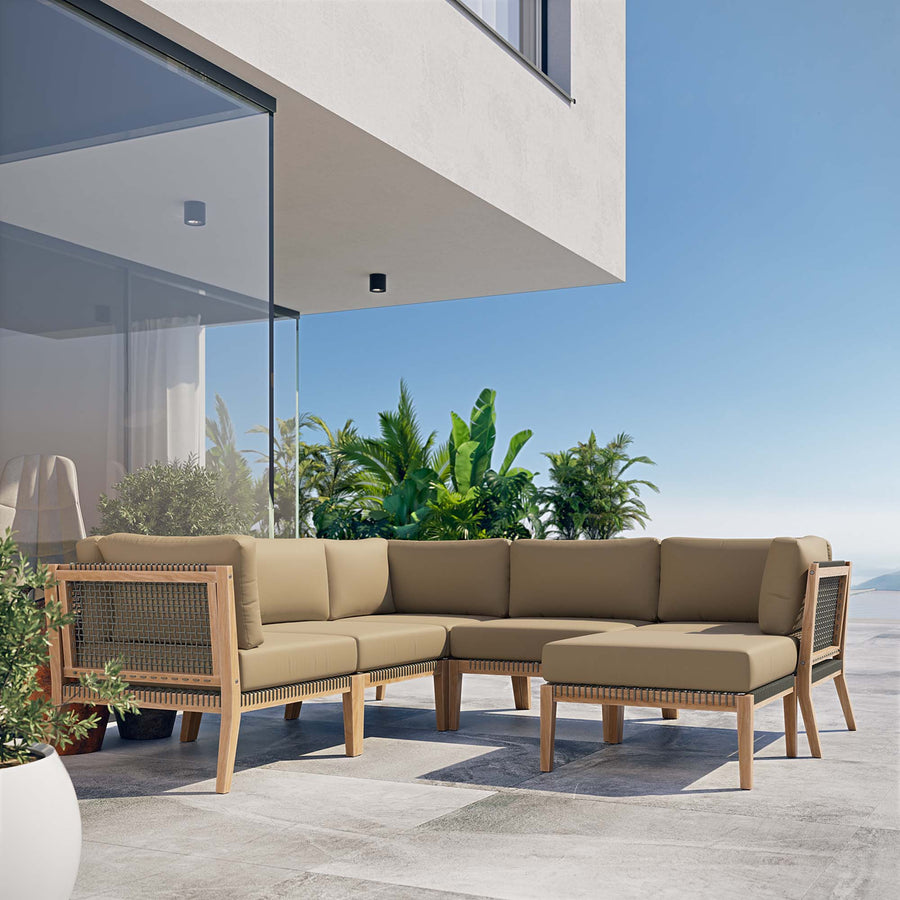 Vesper 6-Piece Outdoor Patio Teak Wood Sectional Sofa in Gray Light Brown