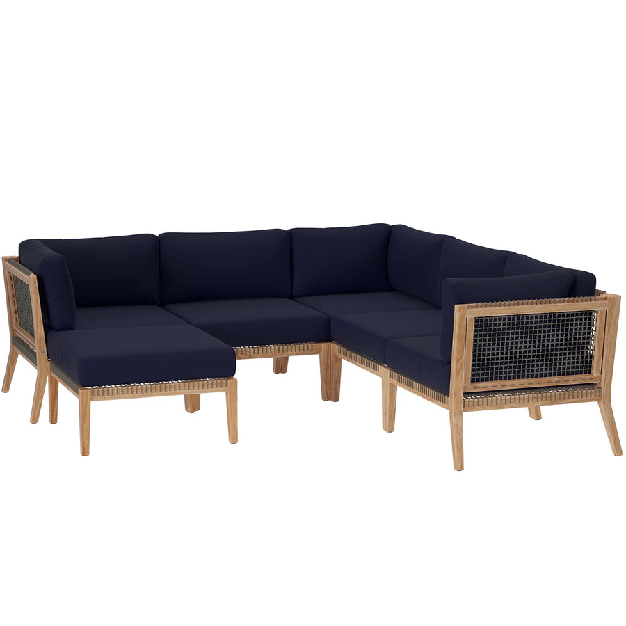 Vesper 6-Piece Outdoor Patio Teak Wood Sectional Sofa in Gray Navy