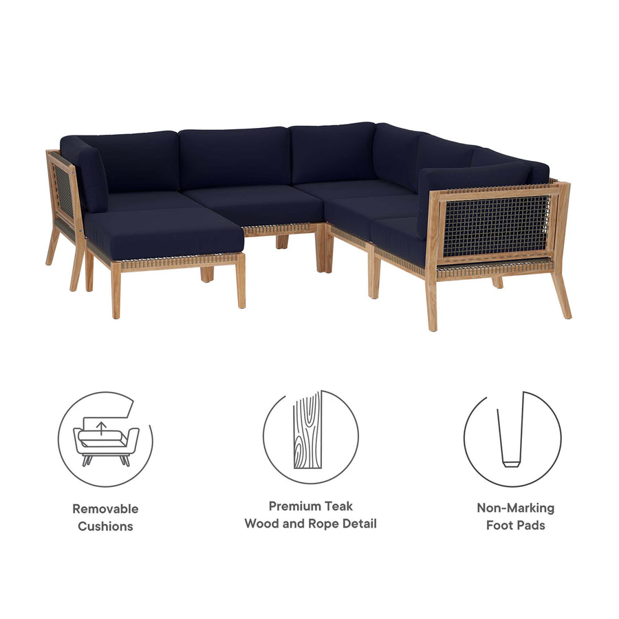 Vesper 6-Piece Outdoor Patio Teak Wood Sectional Sofa in Gray Navy