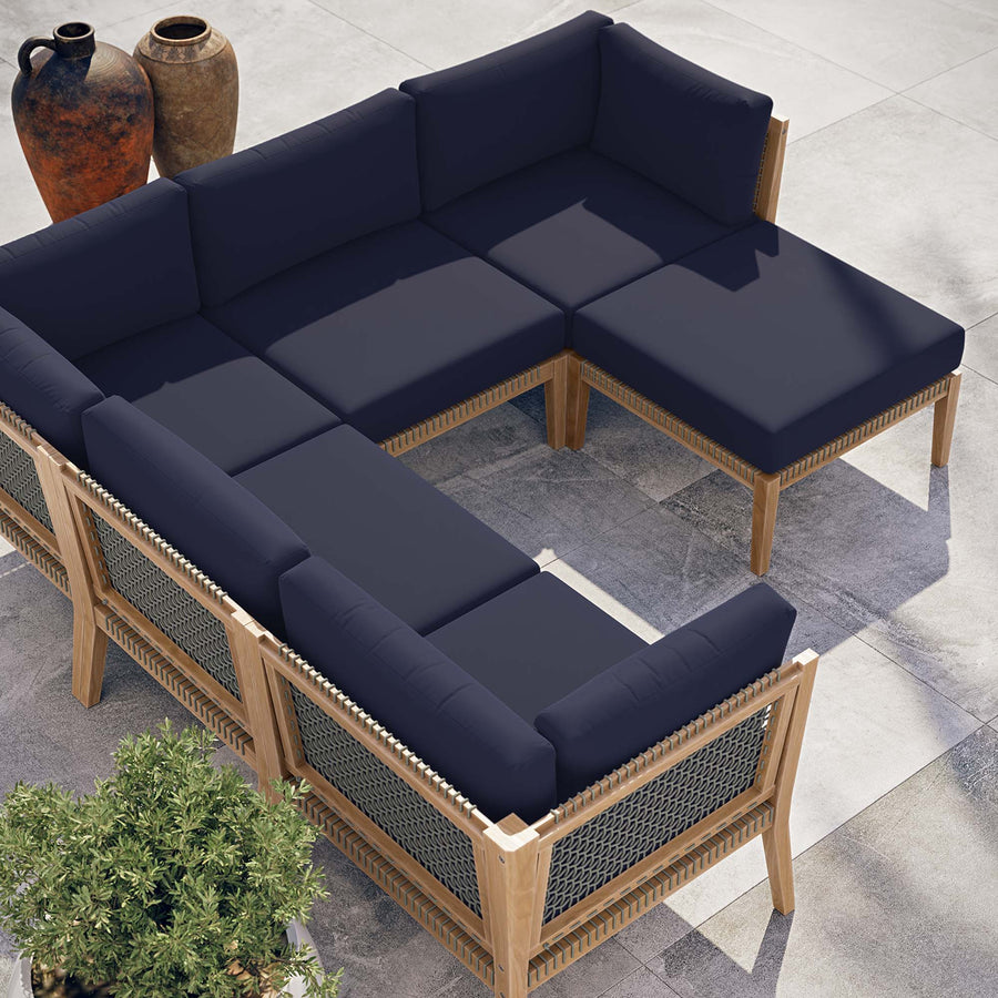 Vesper 6-Piece Outdoor Patio Teak Wood Sectional Sofa in Gray Navy
