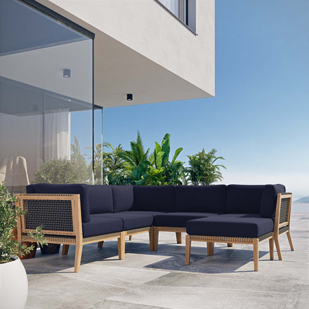 Clearwater 6-Piece Outdoor Patio Teak Wood Sectional Sofa in Gray Navy