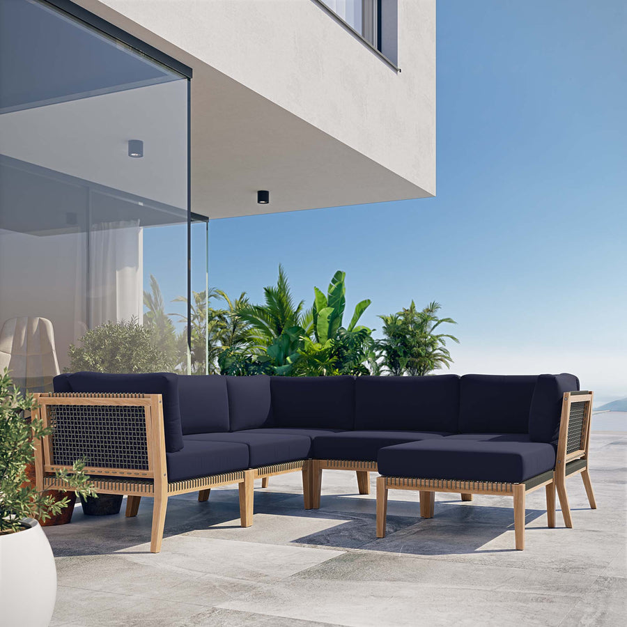 Vesper 6-Piece Outdoor Patio Teak Wood Sectional Sofa in Gray Navy