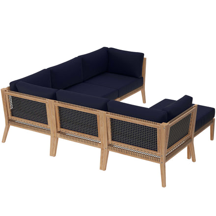 Clearwater 6-Piece Outdoor Patio Teak Wood Sectional Sofa in Gray Navy