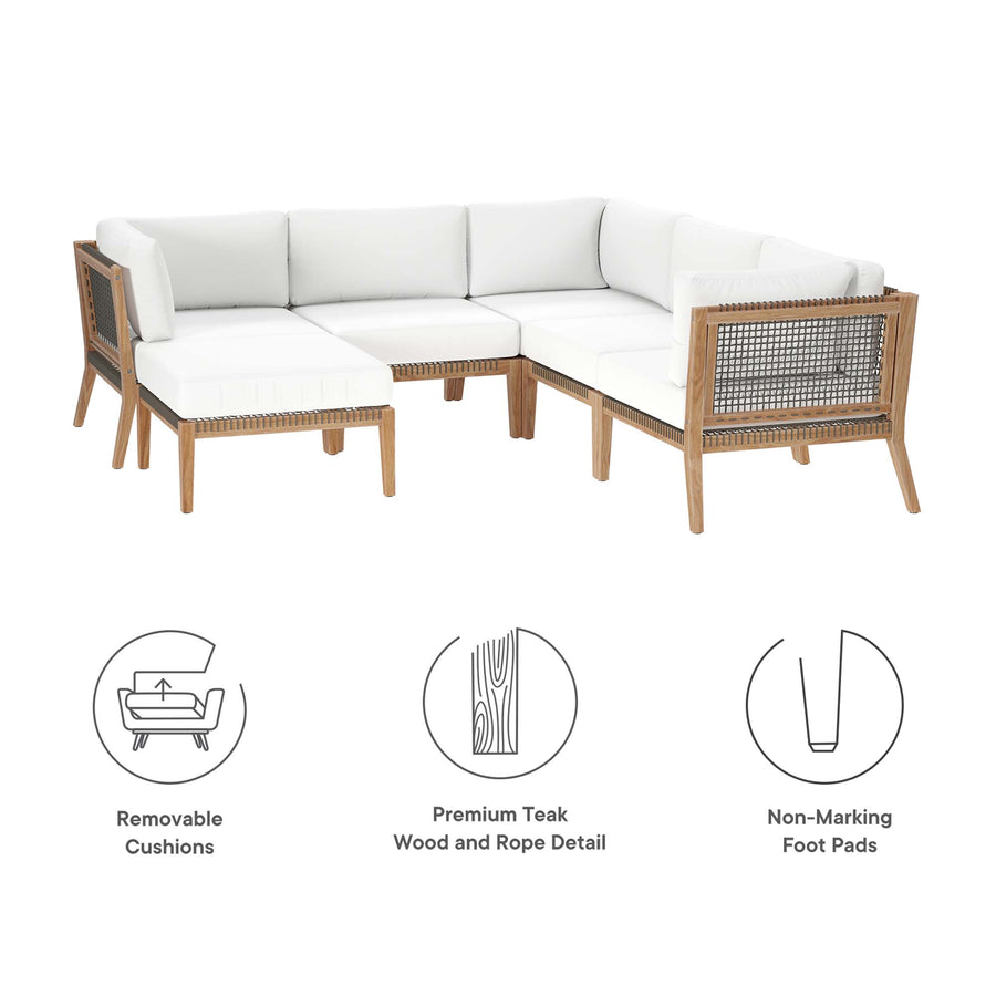 Vesper 6-Piece Outdoor Patio Teak Wood Sectional Sofa in Gray White