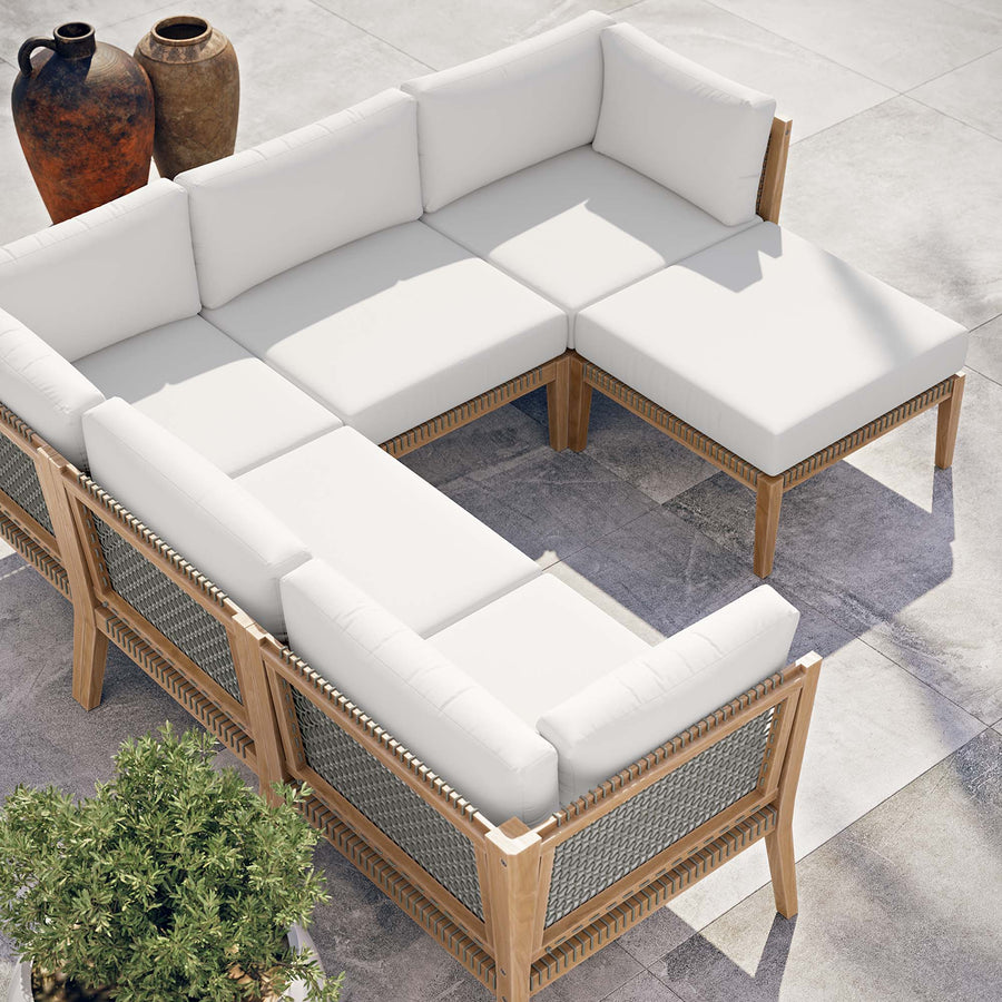 Vesper 6-Piece Outdoor Patio Teak Wood Sectional Sofa in Gray White